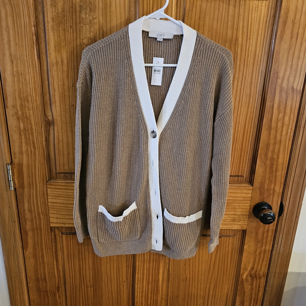 LOFT Brown Cardigan with White Trim